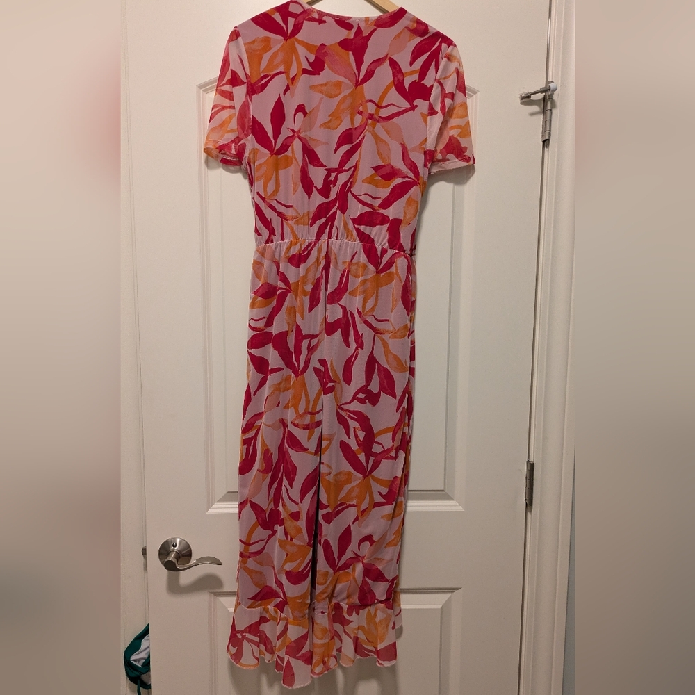 Leota  Pink and Orange Floral Wrap High-Low Dress - Picture 3 of 3